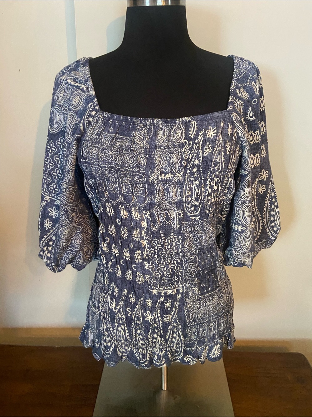 Maurices Blue Paisley Smocked Square-Neck Blouse